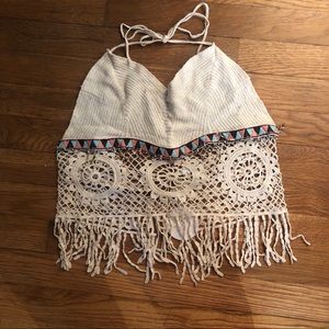 Cream fringe halter tank top